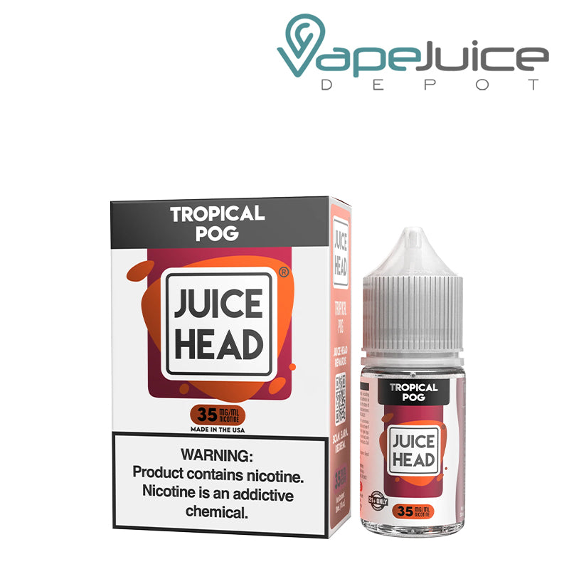 A Box of Tropical POG Salts Juice Head with a warning sign and a 30ml bottle next to it - Vape Juice Depot