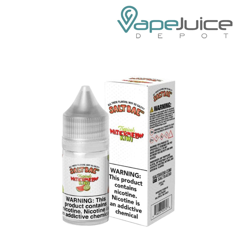 A 30ml bottle of Tropical Watermelon Kiwi SaltBae50 Salt and a box with a warning sign next to it - Vape Juice Depot