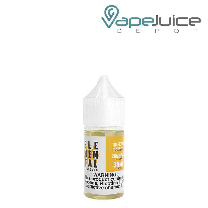 A 30ml bottle of Tropicana Salt Elemental E-Liquid with a warning sign - Vape Juice Depot