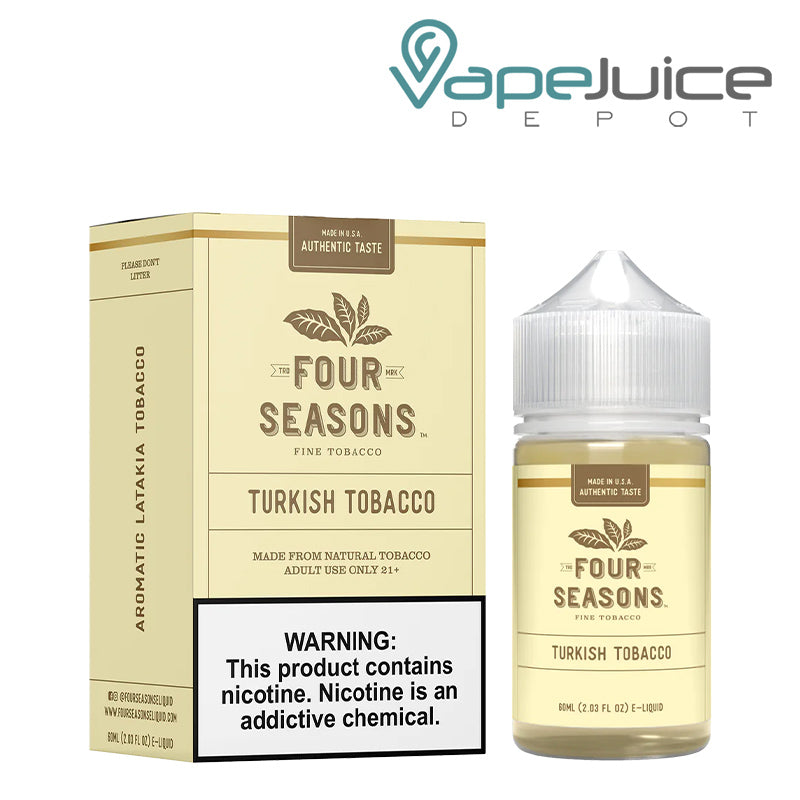 A box of Turkish Tobacco Four Seasons eLiquid with a warning sign and a 60ml bottle next to it - Vape Juice Depot
