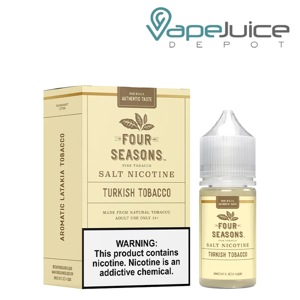 A box of Turkish Tobacco Salt Four Seasons with a warning sign and a 30ml bottle next to it - Vape Juice Depot