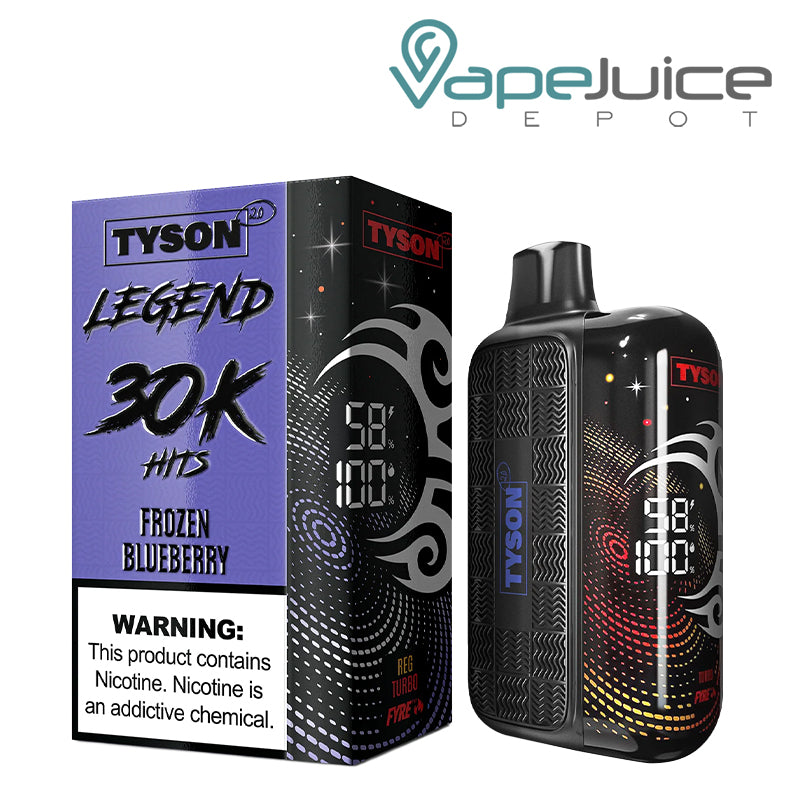 A Box of Frozen Blueberry Tyson 2.0 Legend 30K Disposable with a warning sign and a device with 3D screen next to it - Vape Juice Depot