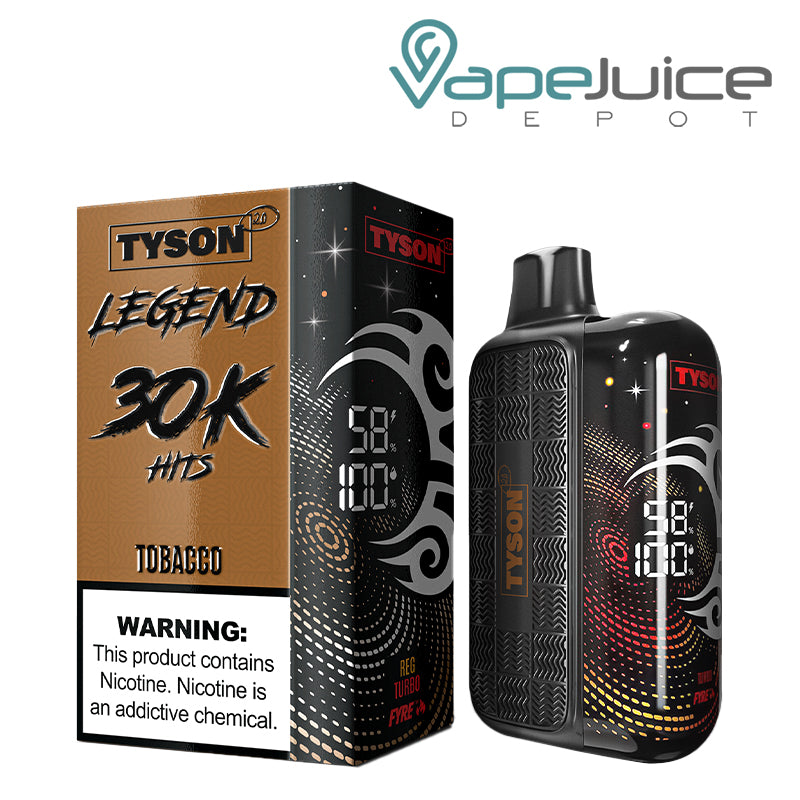 A Box of Tyson 2.0 Iron Legend 30K Tobacco Disposable witha. warning sign next to a disposable vape with its 3D Curved Screen - Vape Juice Depot