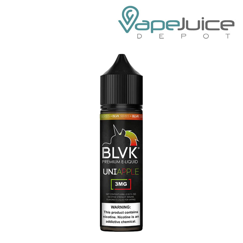 A 60ml bottle of UNIApple BLVK Unicorn eLiquid with a warning sign - Vape Juice Depot