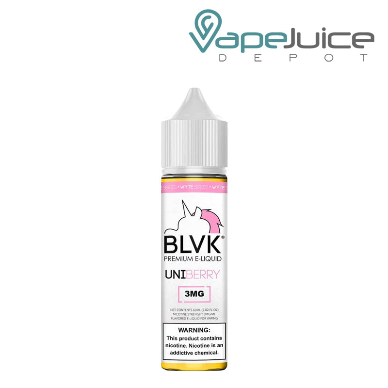 А 60ml bottle of UNIBerry BLVK Unicorn eLiquid with a warning sign - Vape Juice Depot