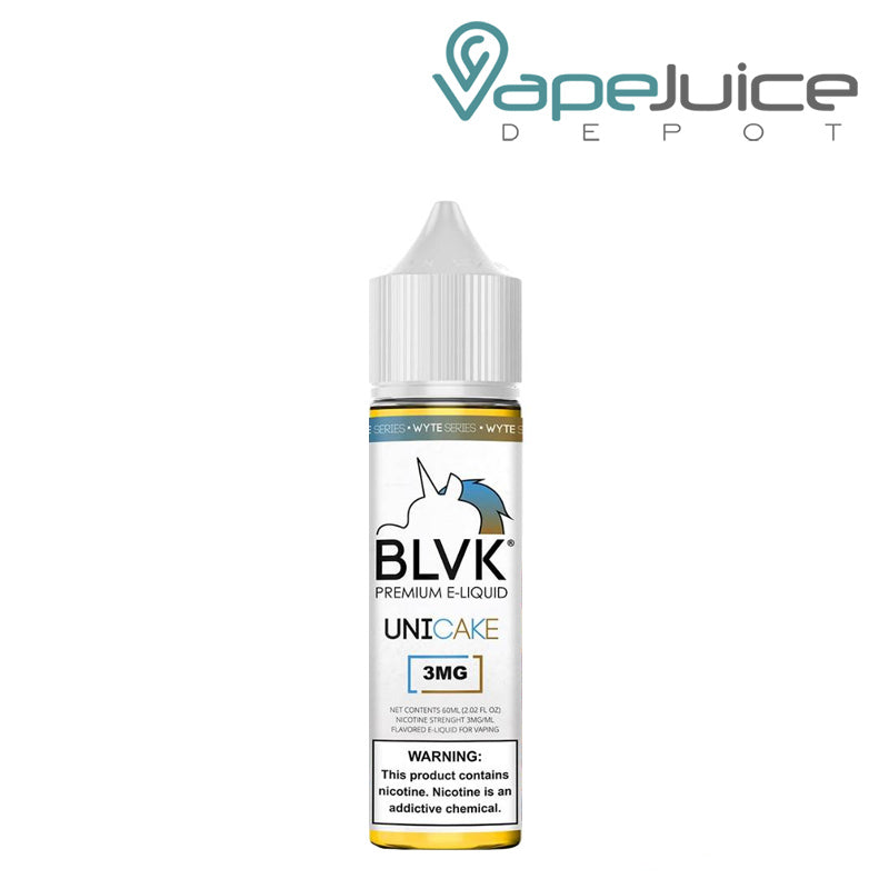 A 60ml bottle of UNICAKE BLVK Unicorn eLiquid with a warning sign - Vape Juice Depot