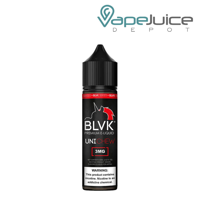 A 60ml bottle of UNICHEW BLVK Unicorn eLiquid with a warning sign - Vape Juice Depot