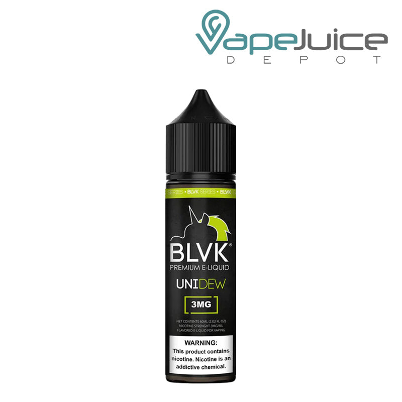 A 60ml bottle of UNIDew BLVK Unicorn with a warning sign - Vape Juice Depot