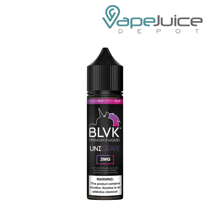 A 60ml bottle of UNIGrape BLVK Unicorn eLiquid with a warning sign - Vape Juice Depot