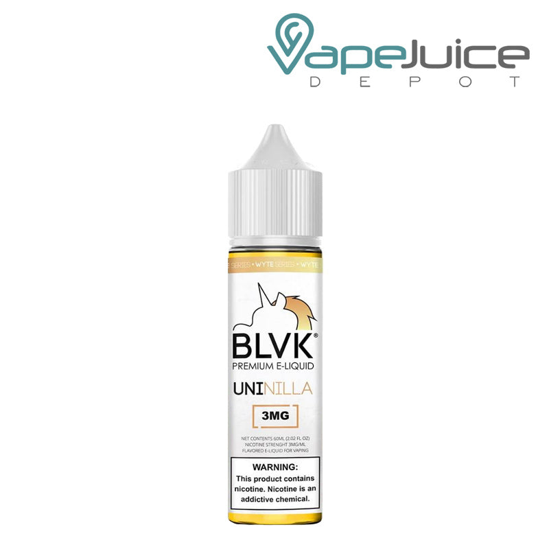 A 60ml bottle of UNINilla BLVK Unicorn eLiquid with a warning sign - Vape Juice Depot