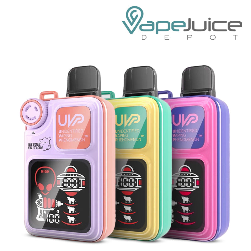 Three UVP Bessie Edition 18K Disposables with a display screen - Vape Juice Depot