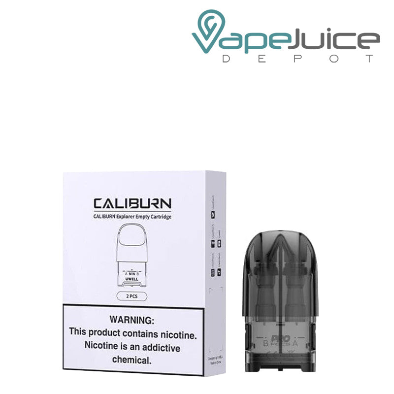 A Box of UWELL Caliburn Explorer Empty Pod Cartridge with a warning sign and a pod next to it - Vape Juice Depot