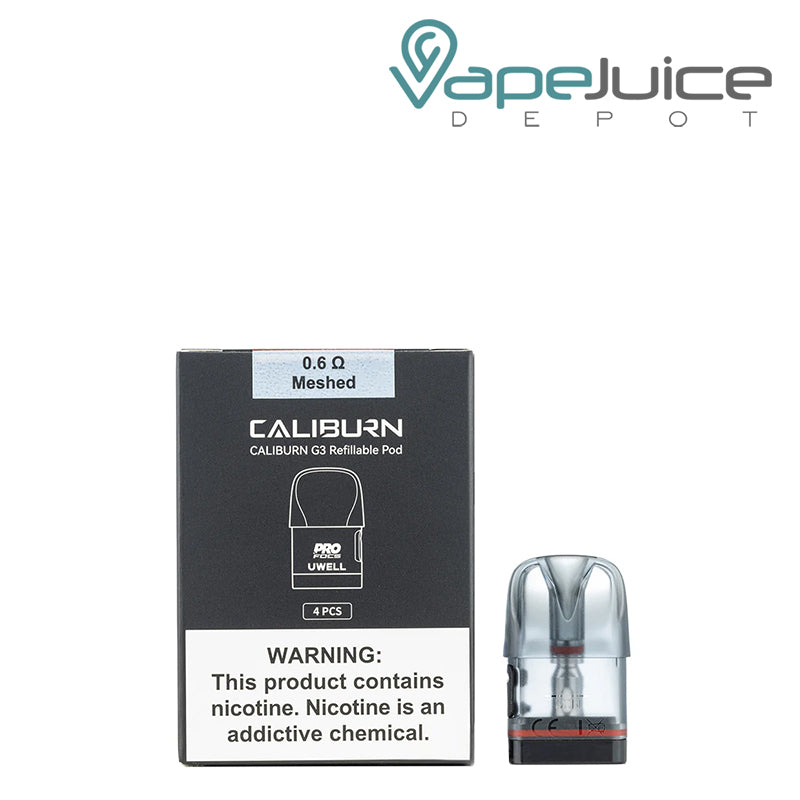 A box of UWELL Caliburn G3 0.6ohm Replacement Pods with a warning sign and a pod next to it - Vape Juice Depot