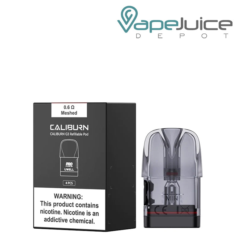 A box of UWELL Caliburn G3 Replacement Pods with a warning sign and a pod next to it - Vape Juice Depot
