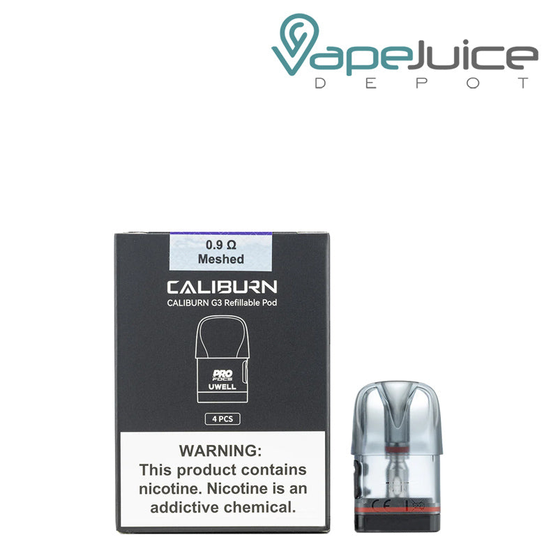 A box of UWELL Caliburn G3 Replacement Pods with a warning sign and a pod next to it - Vape Juice Depot