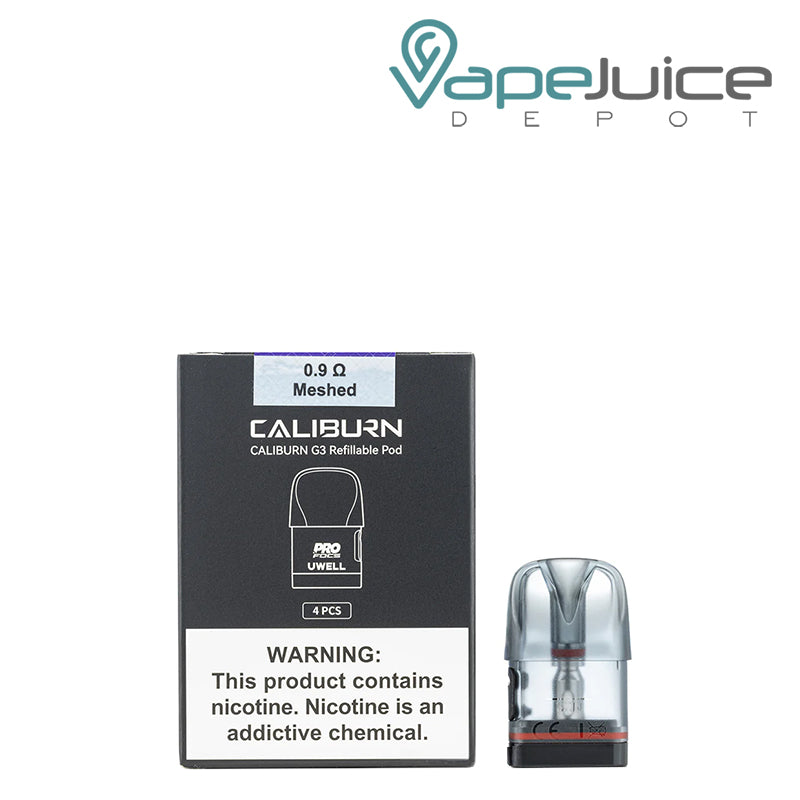 A box of UWELL Caliburn G3 0.9ohm Replacement Pods with a warning sign and a pod next to it - Vape Juice Depot