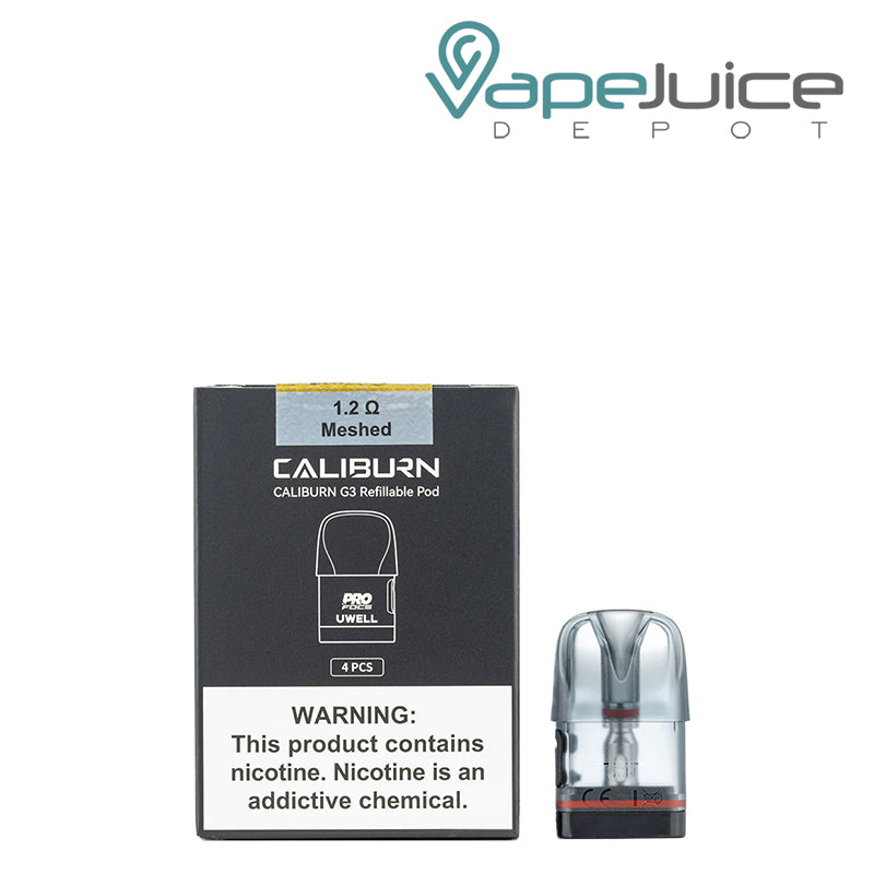 A box of UWELL Caliburn G3 1.2ohm Replacement Pods with a warning sign and a pod next to it - Vape Juice Depot