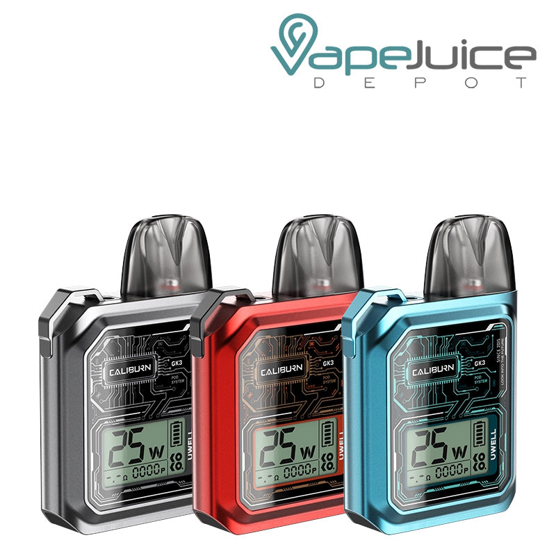 Three Colors of UWELL Caliburn GK3 Pod System with display screen - Vape Juice Depot