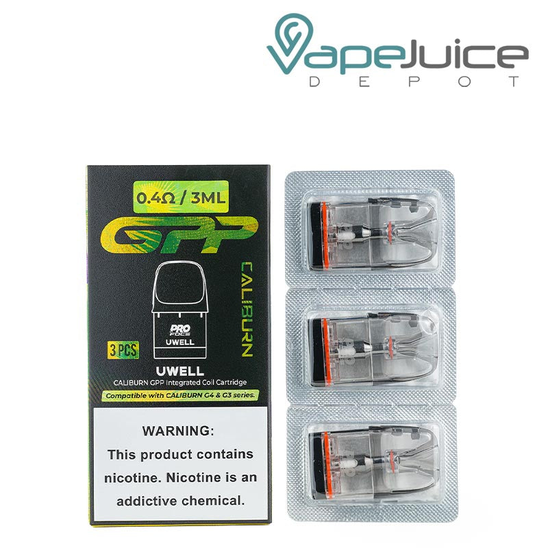 A Box of 0.4Ohm UWELL Caliburn GPP Replacement Pods with a warning sign and a pack of pods next to it - Vape Juice Depot