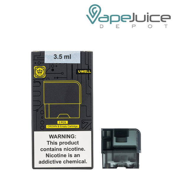 A box of UWELL Crown B Empty Pod Cartridge with a warning sign and a pod next to it - Vape Juice Depot