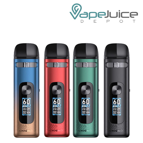Four Colors of UWELL Crown X Pod System with a firing button - Vape Juice Depot