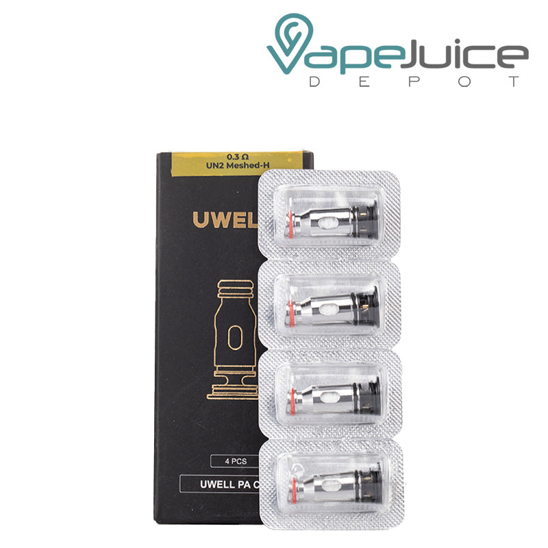 A box of UWELL PA Replacement Coils 0.3ohm and a four-pack next to it - Vape Juice Depot