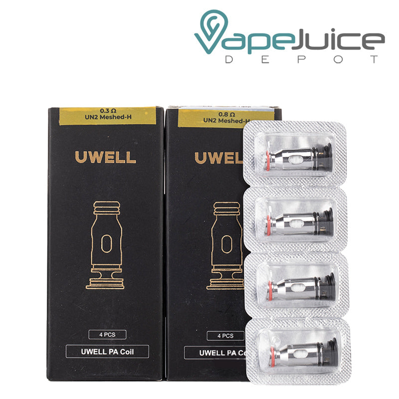 Two boxes of UWELL PA Replacement Coils and a four-pack next to it - Vape Juice Depot