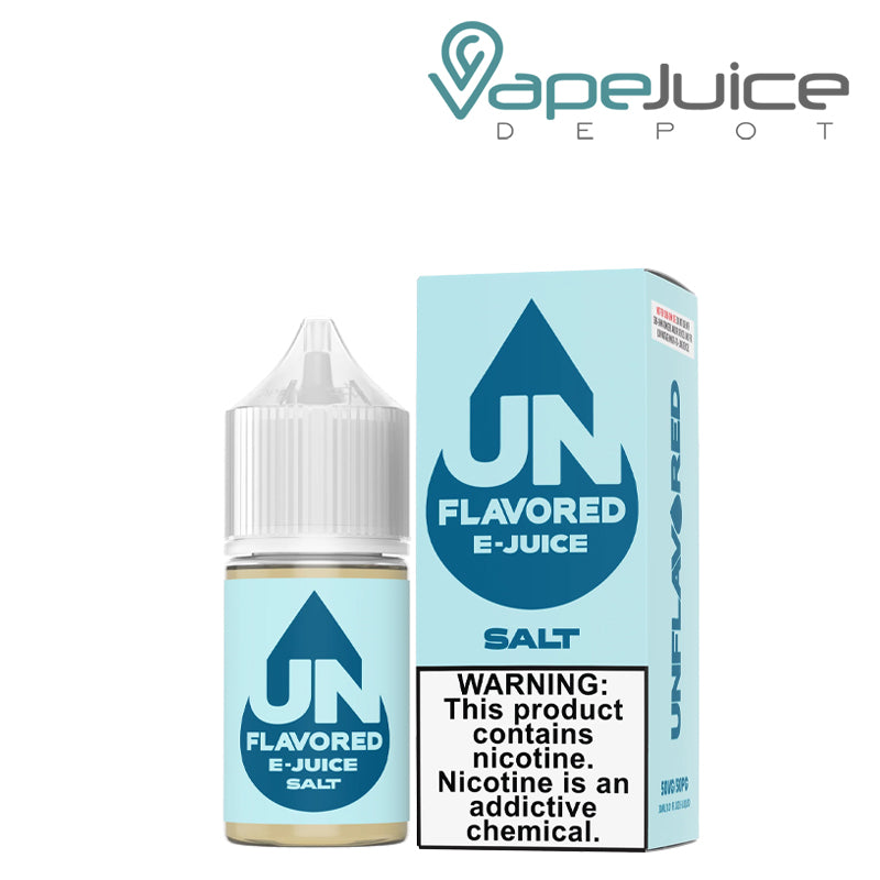 A 30ml bottle of Unflavored Slam Salt and a box with a warning sign next to it - Vape Juice Depot