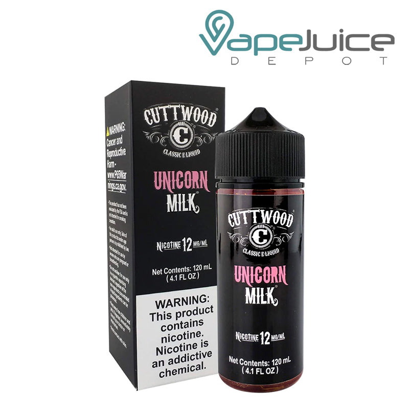 A box of Unicorn Milk Cuttwood eLiquid with a warning sign and a 120ml bottle next to it - Vape Juice Depot