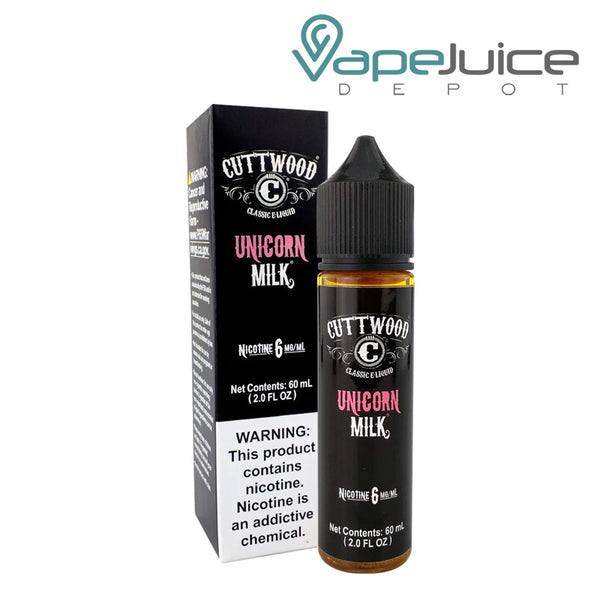 A box of Unicorn Milk Cuttwood eLiquid with a warning sign and a 60ml bottle next to it - Vape Juice Depot