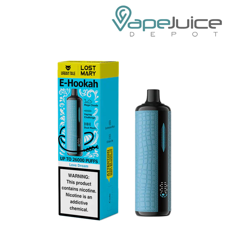 A Box of Love Dream Urban Tale X Lost Mary E-Hookah 26K Disposable with a warning sign and a device with an indicator next to it - Vape Juice Depot