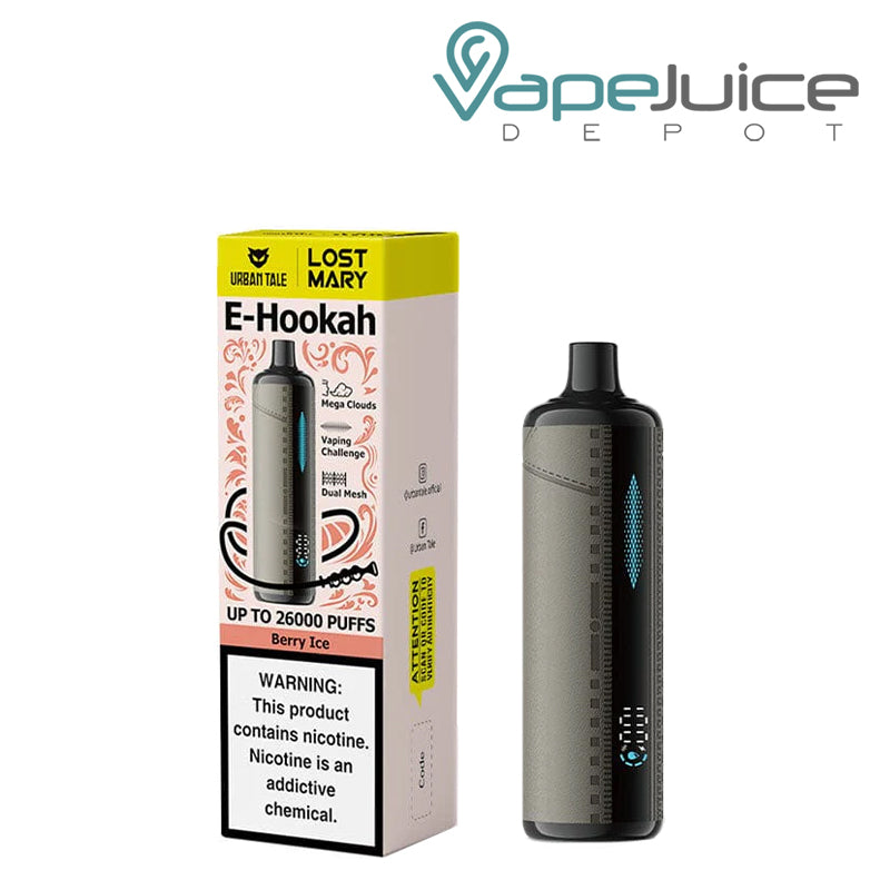 A Box of Berry Ice Urban Tale X Lost Mary E-Hookah 26K Disposable with a warning sign and a device with an indicator next to it - Vape Juice Depot