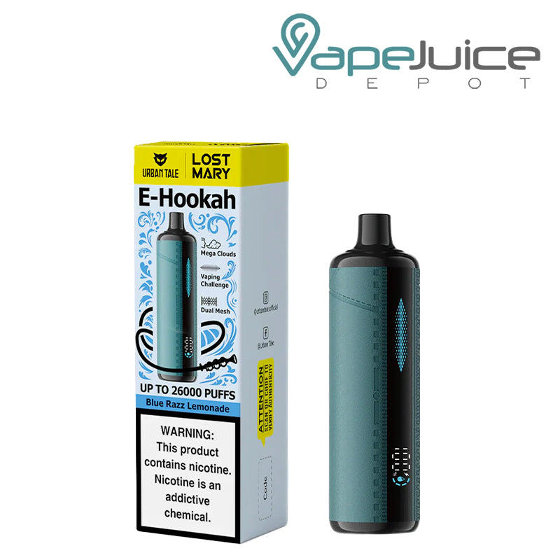 A Box of Blue Razz Lemonade Urban Tale X Lost Mary E-Hookah 26K Disposable with a warning sign and a device with an indicator next to it - Vape Juice Depot