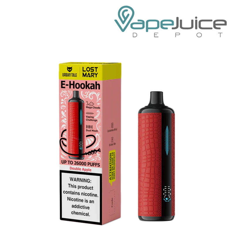 A Box of Double Apple Urban Tale X Lost Mary E-Hookah 26K Disposable with a warning sign and a device with an indicator next to it - Vape Juice Depot