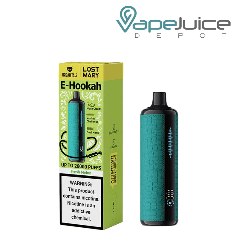 A Box of Fresh Melon Urban Tale X Lost Mary E-Hookah 26K Disposable with a warning sign and a device with an indicator next to it - Vape Juice Depot