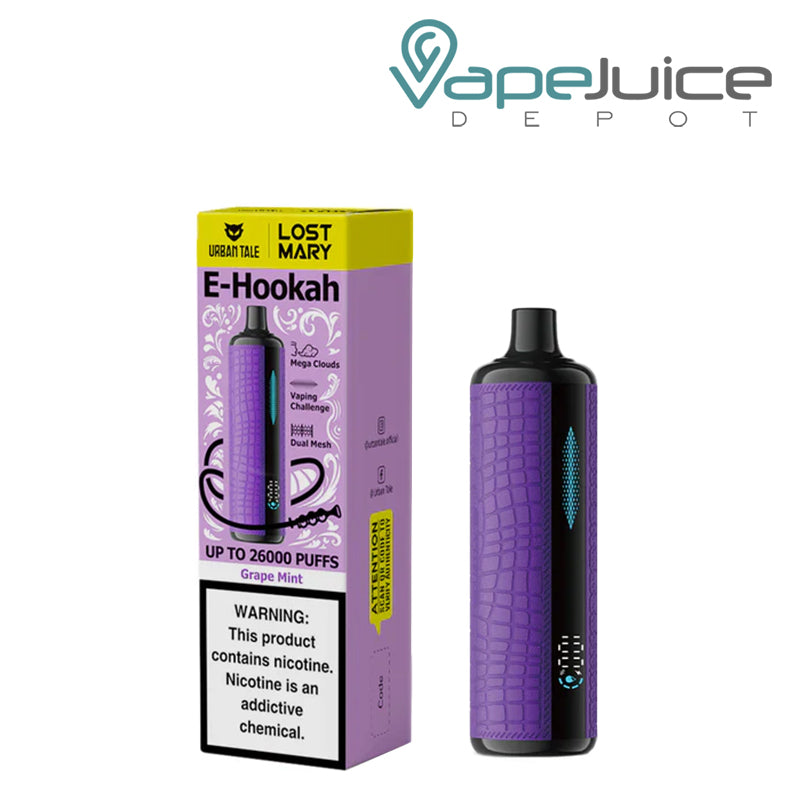 A Box of Grape Mint Urban Tale X Lost Mary E-Hookah 26K Disposable with a warning sign and a device with an indicator next to it - Vape Juice Depot