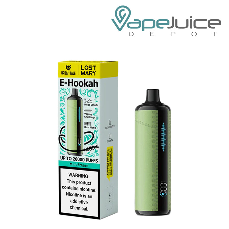 A Box of Mint Freeze Urban Tale X Lost Mary E-Hookah 26K Disposable with a warning sign and a device with an indicator next to it - Vape Juice Depot