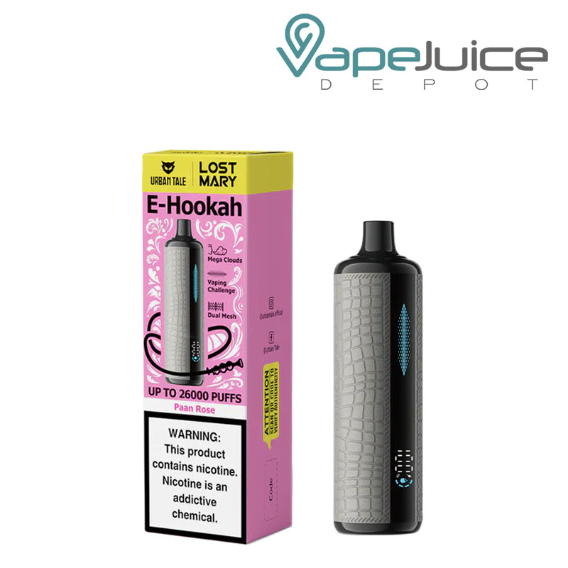 A Box of Paan Rose Urban Tale X Lost Mary E-Hookah 26K Disposable with a warning sign and a device with an indicator next to it - Vape Juice Depot