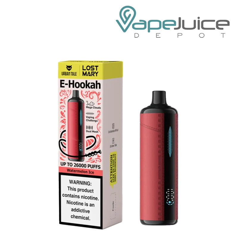 A Box of Watermelon Ice Urban Tale X Lost Mary E-Hookah 26K Disposable with a warning sign and a device with an indicator next to it - Vape Juice Depot