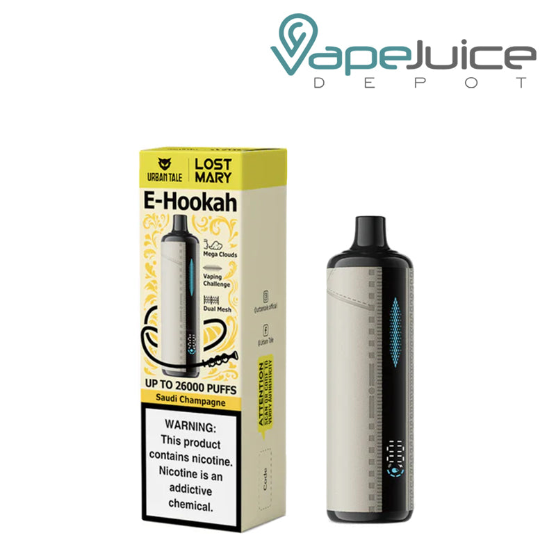 A Box of Saudi Champagne Urban Tale X Lost Mary E-Hookah 26K Disposable with a warning sign and a device with an indicator next to it - Vape Juice Depot