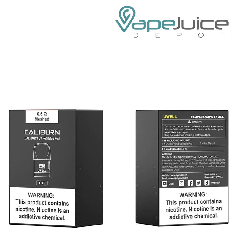 Front and Back sides of the box of UWELL Caliburn G3 Replacement Pods - Vape Juice Depot