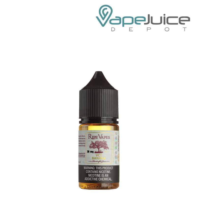 A 30ml bottle of VCT Banana Saltz Ripe Vapes with a warning sign - Vape Juice Depot