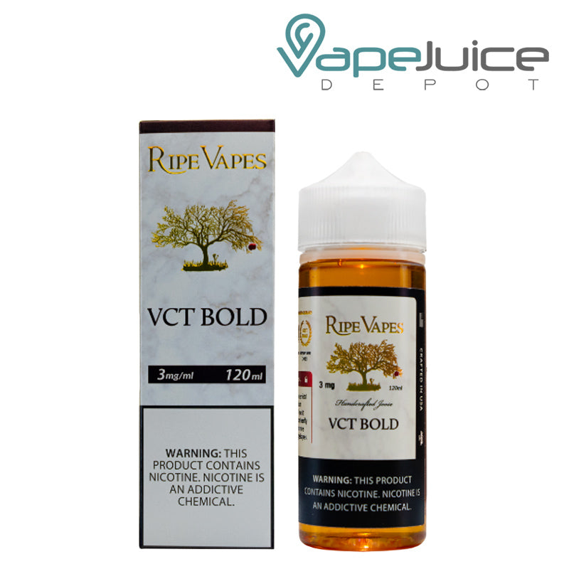 A Box of VCT Bold Ripe Vapes eLiquid with a warning sign and a 120ml bottle next to it - Vape Juice Depot