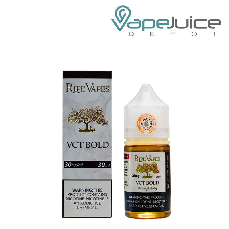 A Box of VCT Bold Saltz Ripe Vape with a warning sign and a 30ml bottle next o it - Vape Juice Depot