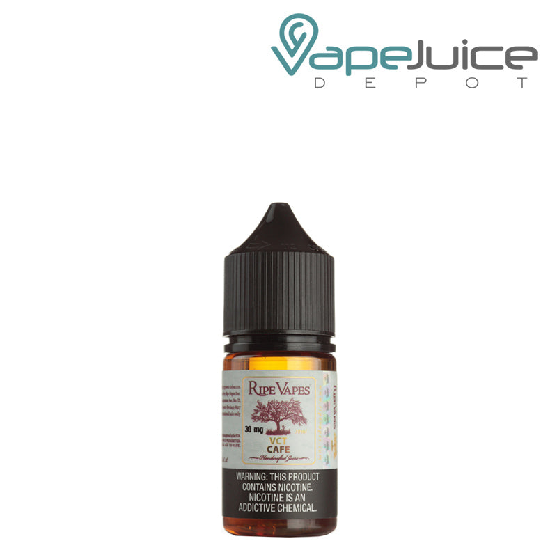 A 30ml bottle of VCT Cafe Saltz Ripe Vapes with a warning sign - Vape Juice Depot