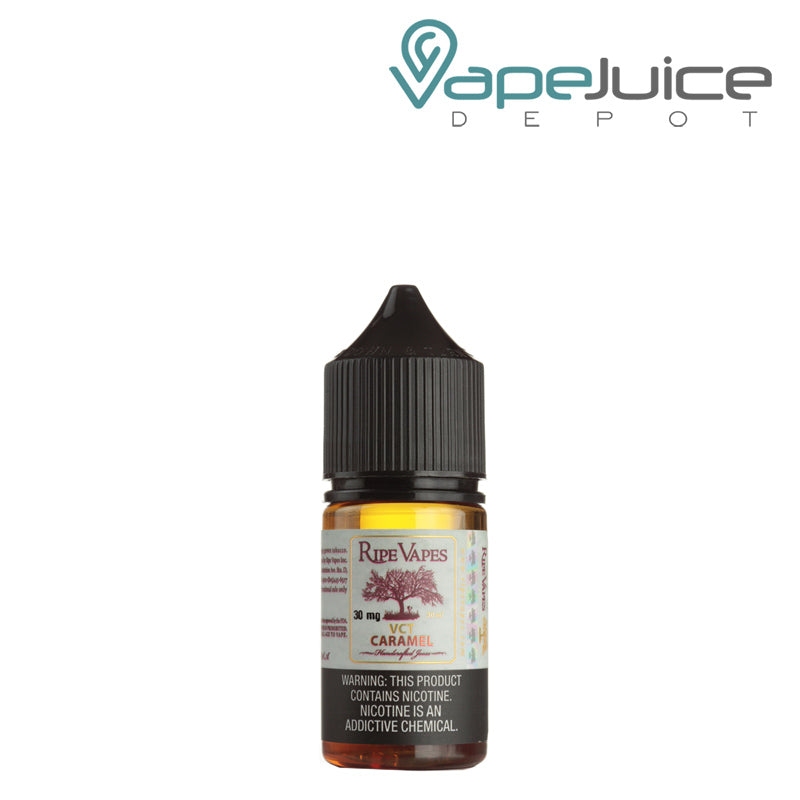 A 30ml bottle of VCT Caramel Saltz Ripe Vapes with a warning sign - Vape Juice Depot