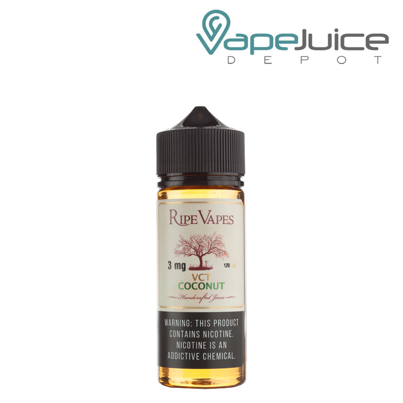 A 120ml bottle of Ripe Vapes VCT Coconut eLiquid with a warning sign - Vape Juice Depot