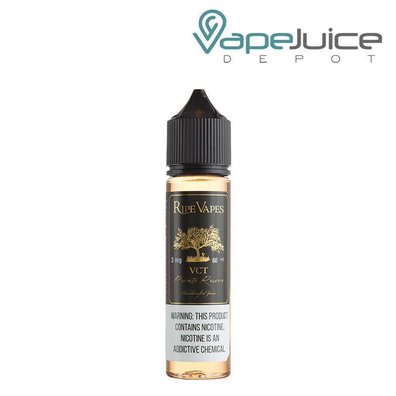 A 60ml bottle of VCT Private Reserve Ripe Vapes eLiquid with a warning sign - Vape Juice Depot