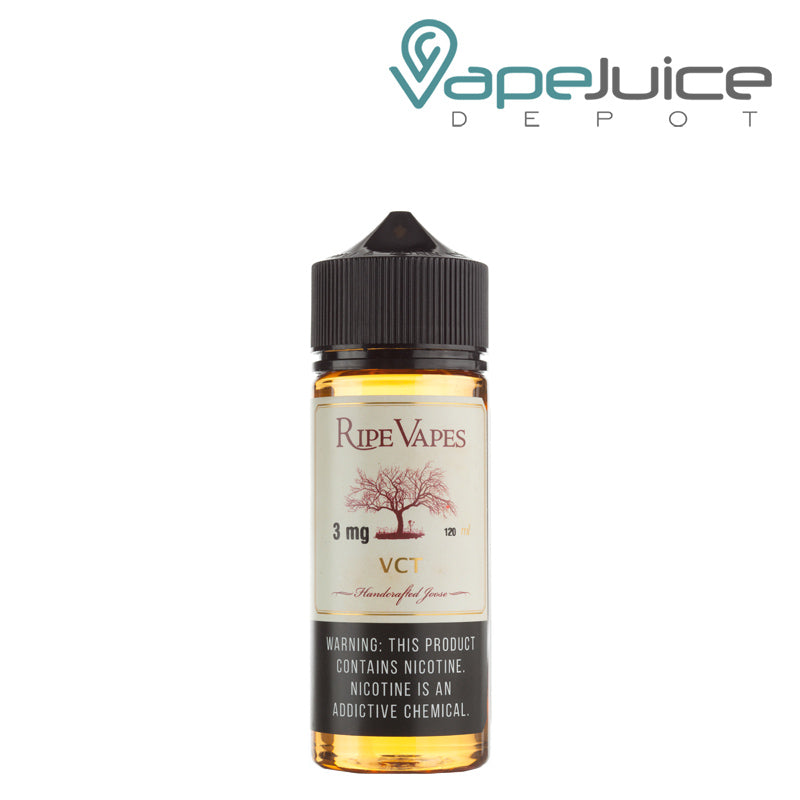 A 120ml bottle of VCT Ripe Vapes with a warning sign - Vape Juice Depot