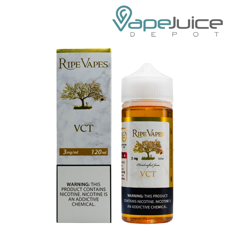 A Box of VCT Ripe Vapes eLiquid with a warning sign and a 120ml bottle next to it - Vape Juice Depot